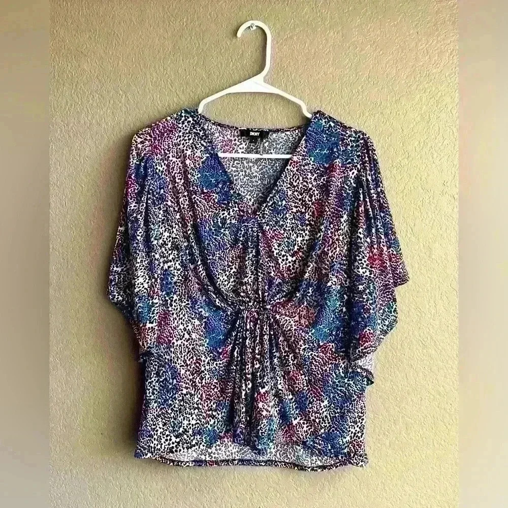 DKNY Blouse Womens Small Blue Purple Flutter Sleeve Pullover Stretch‎